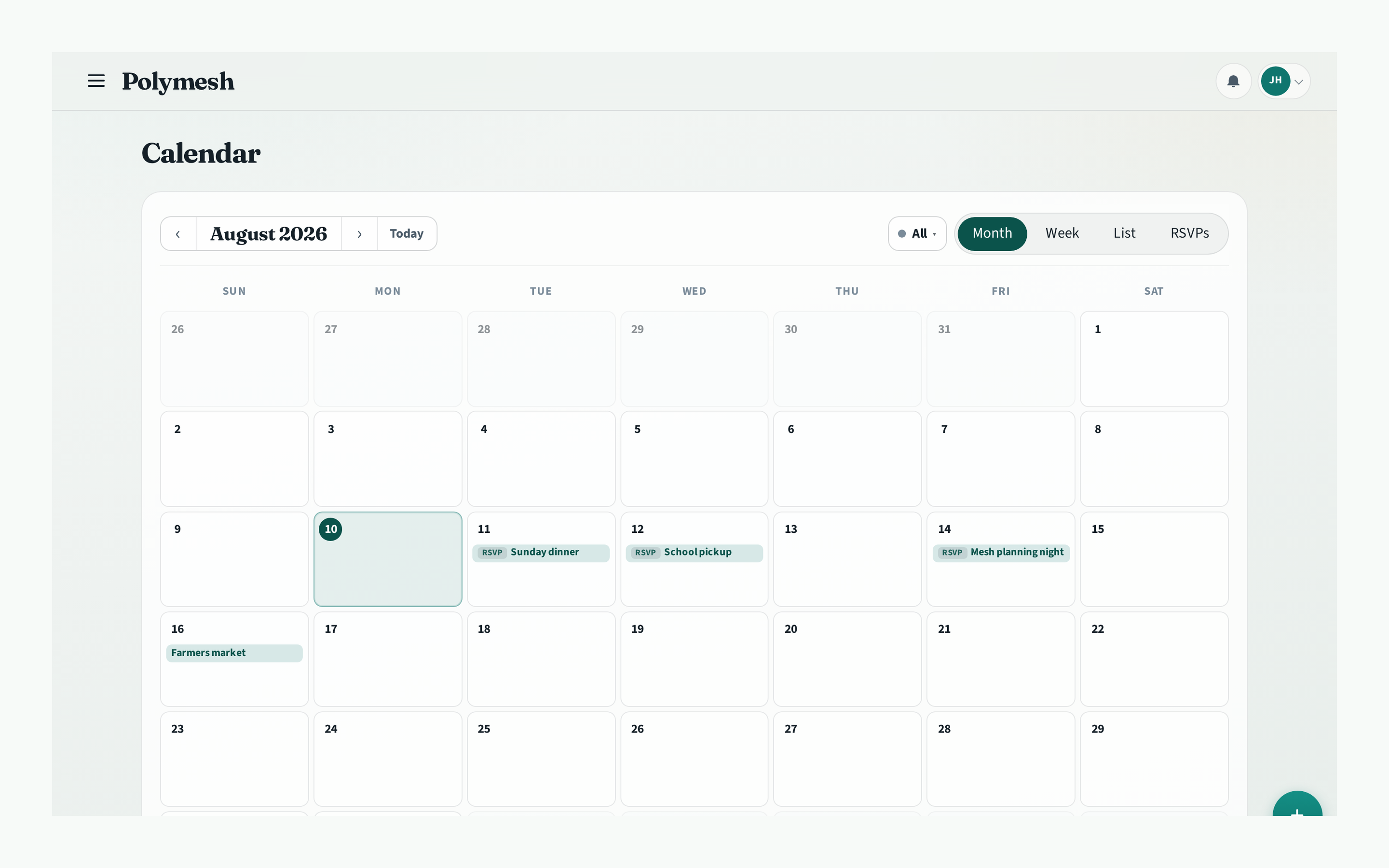 Polymesh calendar month view with shared household events