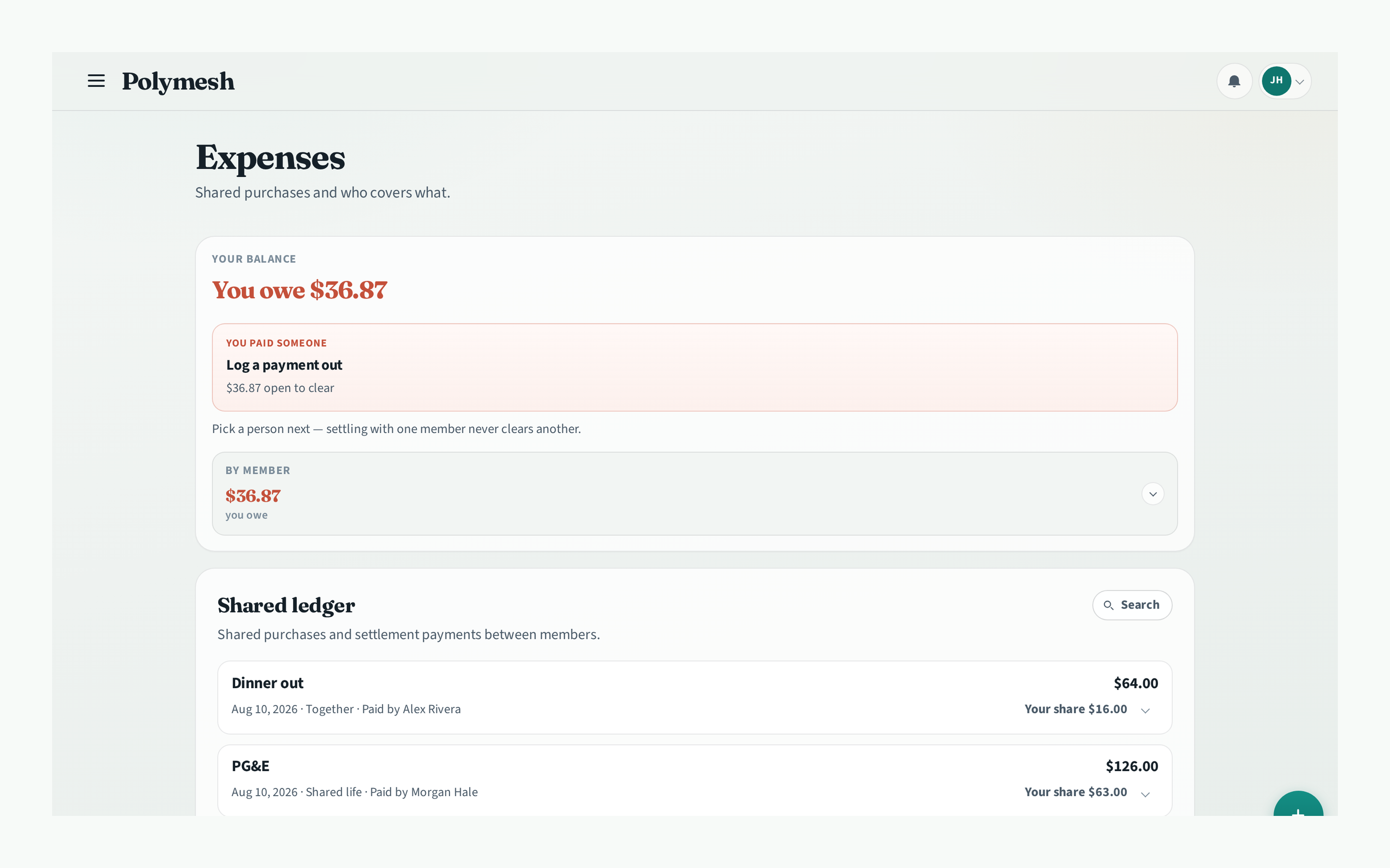 Polymesh expenses ledger showing shared costs and balances